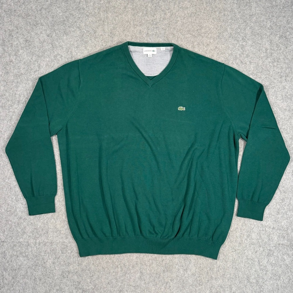 Lacoste Forest Green Cotton Knit V-Neck Pullover Sweater Men's Size 4XL